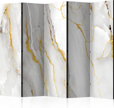 A multi-panel room divider with a marble and gold veining pattern.