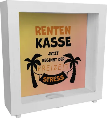 Produktbild von Rentenkasse - jetzt beginnt der Freizeitstress Rahmen Spardose aus Holz