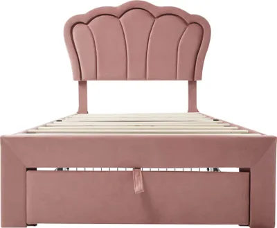 Produktbild von Kinderbett 90x200cm Einzelbett£šohne Matratze£©mit Schubladen Polsterbett APP-Control LED Bettgestell Lattenrost und Verstellbares Kopfteil Bettrahmen Jugendbett Samt Rosa