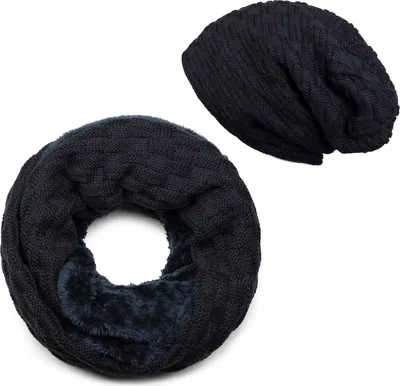 Produktbild von styleBREAKER Strick Loop Schal und Beanie Mütze Set mit Flecht Muster, Fleece Innenfutter, Winter, Uni 01018211