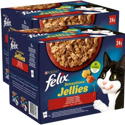 Zdjęcie produktu dla Felix Sensations Jellies Karma Dla Kotów Wiejskie Smaki W Galaretce 4,08kg (48x85g) Wołowina Kurczak Kaczka Jagnięcina