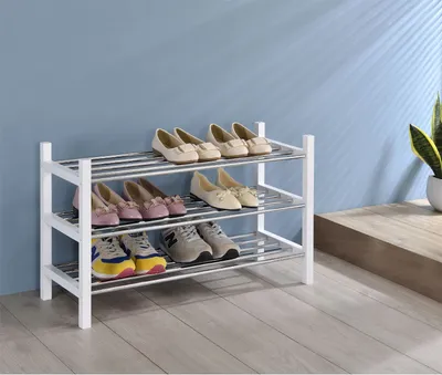 Produktbild von Schuhregal Schuhablage Schuhständer RESA, mit 3 Böden edel verchromt, in weiß, stapelbar, stabil