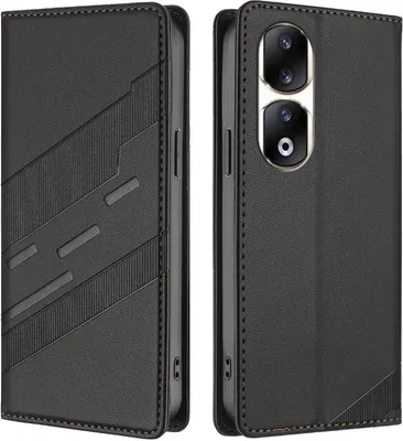 Image de Etui pour Honor 90 Pro, étui portefeuille en cuirPolyuréthaneavec fente pour cartes et fonction stand Schwarz
