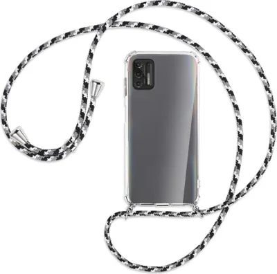 Produktbild von Handykette Backcover-Schutzhülle mit Band (Metall silberfarben) für Motorola Moto G Pro 2021 - schwarz/grau/weiß
