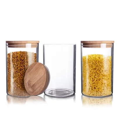 Produktbild von BigDean 3er Set Vorratsgläser 1,1 L mit Bambusdeckel, luftdicht, Vorratsdosen aus Glas, Gewürzgläser, spülmaschinenfest, 10x17 cm