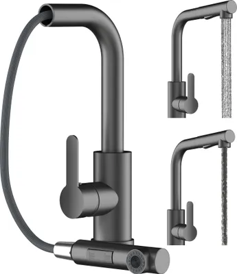 A dark grey kitchen faucet with a pull-out spray head is shown against a white background. The faucet has a modern, sleek design with a single lever handle. The pull-out hose is visible, and the spray head is shown in detail at the bottom. Two smaller inse