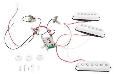 Produktbild von E-Gitarren-Tonabnehmer-Set, vorverdrahtet, Single-Coil mit Klangfarben- und Lautstärkeregler, Ersatz für ST-Panel, weiß