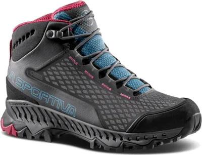 Damen-Wanderschuh "Stream Woman GTX" von La Sportiva; schwarz mit pinken und blauen Akzenten; hohe Sohle.