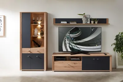 Wohnwand PABLO Artisan Eiche und Graphit, dreiteiliges System mit Vitrinenschrank, TV-Lowboard und Wandregal.