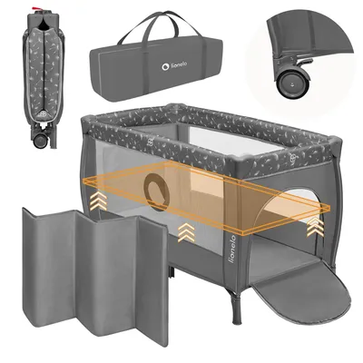 Produktbild von LIONELO Stefi Plus 2-in-1 Reisebett und Laufstall bis 15 kg, Babybett, Kinderreisebett mit Matratze, Seitlicher Eingang mit Reißverschluss - Grau Weiß