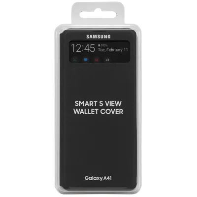 A black Samsung Galaxy A41 Smart S View Wallet Cover is shown in its retail packaging.