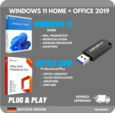 Produktbild von Windows 11 Home + Microsoft Office 2019 Professional Plus | 32GB USB 3.2 Installationsstick | inkl. Lizenzschlüssel | Bundle Set