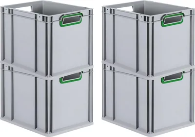 Produktbild von SuperSparSet 4x Eurobox NextGen Color | HxBxT 32x30x40cm | 30 Liter | Griffe grün offen | Glatter Boden | Grau | Eurobehälter, Transportbox, Transportbehälter, Stapelbehälter