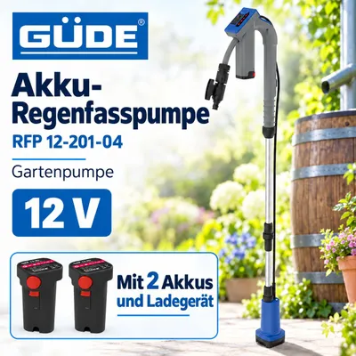 Produktbild von Güde Akku Regenfasspumpe 12V RFP 12-201-04 Gartenpumpe  2 Akkus und Ladegerät
