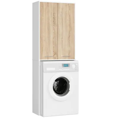 Produktbild von Waschmaschinenschrank – Badezimmerschrank – Badschrank – FIN – Weiß / Sonoma Eiche – 64 cm – Praktischer Hochschrank für Waschmaschinenverkleidung