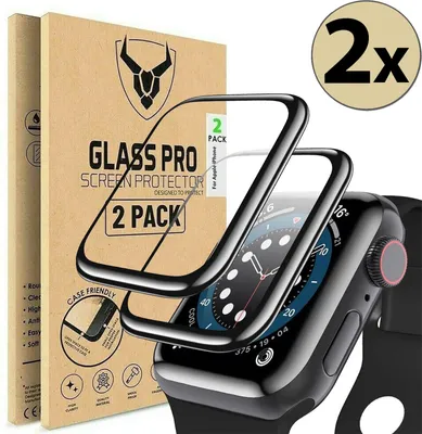 Product packaging and a smartwatch with a screen protector applied.