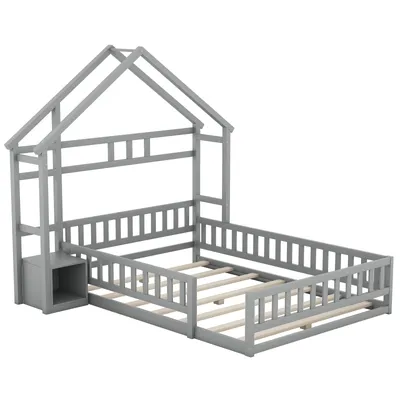 Image de ProximaX Lit d'enfant 140x200cm avec protection contre la chute et table de nuit, lit de sol lit de maison avec sommier à lattes, lit de jeu en bois lit double, gris