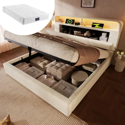 Produktbild von okwish Polsterbett 140x200 Jugendbett Stauraumbett mit Bettkasten und Matratze,Doppelbett mit LED-Beleuchtung und USB/Type-C,Bettgestell mit höhenverstellbarem Kopfteil,Beige