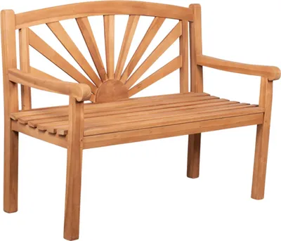Produktbild von Gartenbank Teakholz 120 cm mit Motiv-Rückenlehne – massiv, wetterfest, zeitlos