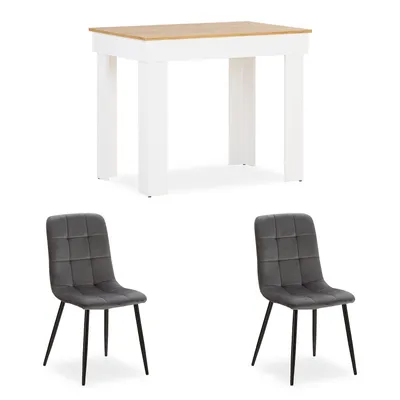 Image de Table 90x60 cm en Bois Chêne Blanc Group Salle à Manger 2 Chaises Velours Gris Table à Manger