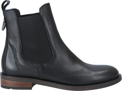 A single black Chelsea boot is shown against a white background.