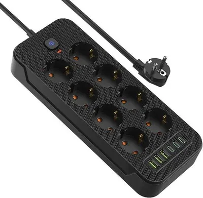 Obrázek produktu pro Zásuvková lišta s vypínačem - Více zásuvek - Nabíjení zařízení - 8 zásuvek, 3 USB porty - 2 metry kabelu - Černá barva