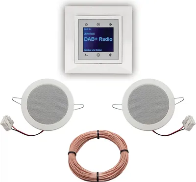 Produktbild von BERKER Unterputz DAB+ Radio 29848989 polarweiß glänzend mit 1fach Rahmen Berker + 2 x Deckenlautsprecher Einbaulautsprecher + 20 Meter EBROM Lautsprecherkabel