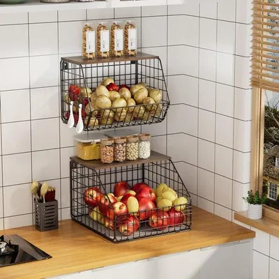 Produktbild von Famanu Hängende Obstschale - 2 Stück Obstkorb Wandorganizer mit Holzdeckel
