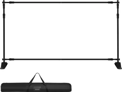 A black adjustable banner stand with a carrying bag underneath, set against a white background.
