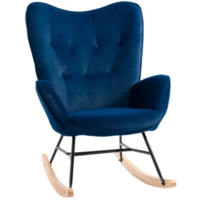 Image de HOMCOM Fauteuil à Bascule, Rocking Chair, fauteuil allaitement confortable avec Structure en bois massif et métal pour Salon, Chambre, Balcon, Velours Bleu