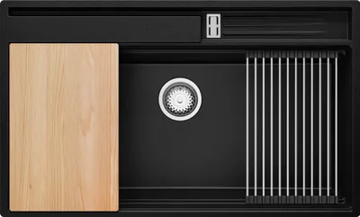 Produktbild von PRIMAGRAN Spülbecken Schwarz 88x53cm, Granitspüle 1 Becken + Ablauf-Set + Küchenzubehörset, Küchenspüle ab 90er Unterschrank - Oslo Pocket