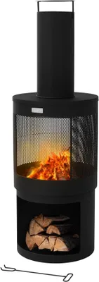 Produktbild von Gartenkamin mit Schornstein, 131x45 cm rund, Stahl, Outdoor Gartenofen, Terrassenofen mit Schürhaken, abnehmbarem Dach, Holzablage, Terrassenkamin Feuerschale/Feuerkorb für Garten & Camping