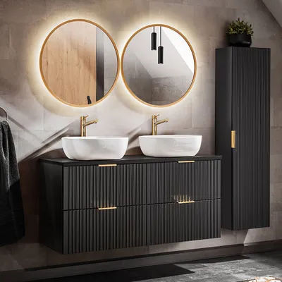Produktbild von Badmöbel Set mit 121cm Waschtisch ADELAIDE-56-BLACK in matt schwarz mit Rillenoptik, B/H/T ca. 170/200/46,5 cm