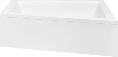 A white corner bathtub with a plain white front panel.