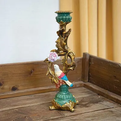 Produktbild von Kerzenständer Vogel und Blume 33cm Dekorativer Kerzenleuchter in Gold Blau