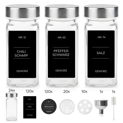 Produktbild von 24x Gewürzgläser Edelstahl Deckel inkl. 240x Etiketten, 30x Streueinsätze, 1x Edelstahl Trichter, 1x Reinigungsbürstchen Vorratsgläser eckig