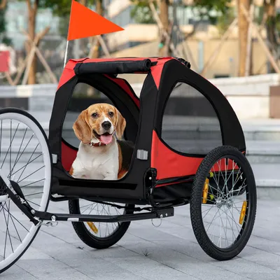Produktbild von Hundeanhänger, klappbarer Fahrradanhänger für Hunde, Hundebuggy, Oxfordstoff, Stahl, Rot | 140 x 71 x 83 cm | bis 20 kg | Netz, Reflektor