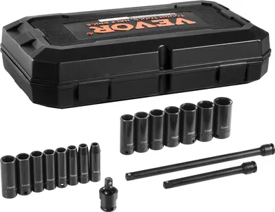 Produktbild von VEVOR 3/8 Zoll Antriebs-Schlagsteckschlüsselsatz 18-teiliger tiefer Steckschlüsselsatz metrisch 8–22 mm, 6 Kant CR-V-Legierungsstahl für Autoreparatur inklusive Aufbewahrungskoffer Schwarz
