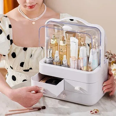 Productafbeelding van Transparante make-uppotjes - Twee-delige koffer - Make-up tas met 3 vakken - Transparante organizer - Wit - Moderne make-uptas