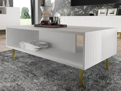 Produktbild von Couchtisch RAVENNA B 90x60 cm rahmen WEIß MATT / WEIß MATT Kaffeetisch MDF Tisch italienischer Stil mit gefräste Elemente Gold oder Schwarz Metallbeine Metallfüße