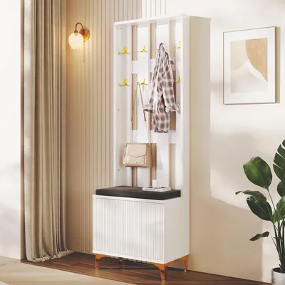 Image de MODFU Vestiaire d'Entrée - Meuble Compact avec Banc, Crochets Muraux et Rangement à Chaussures, 60,5x35,2x180,5 cm, Blanc