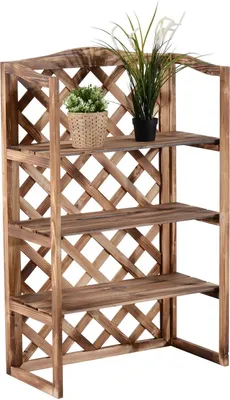 A wooden plant stand with three shelves and a lattice back, holding two potted plants.