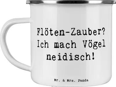 Produktbild von Mr. & Mrs. Panda Emaille Tasse Spruch Flöte Zauber - Weiß - Geschenk, Vögel, Melodie, Musiker, Lernen, Musikinstrument, Becher, Pott, Teetasse, Windinstrument, Instrument