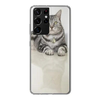 Produktbild von MuchoWow® Handyhülle Schutzhülle Hülle für Samsung Galaxy S21 Ultra Katze - Grau - Tier - Mädchen - Kinder - Jungen - Kind Silikon Softcase Handy Hülle - Mobiltelefon