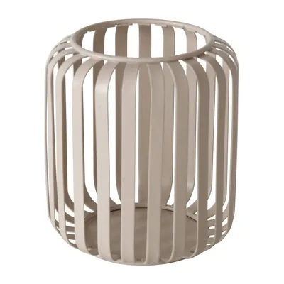 A beige metal lantern or candle holder with an open, slatted design.