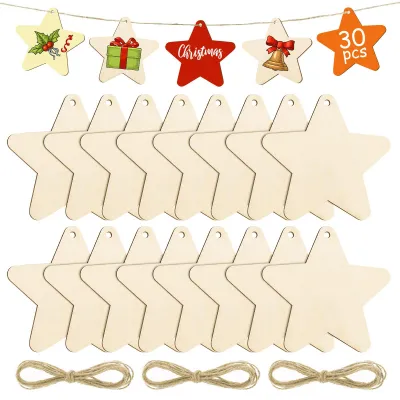 30 Holzsterne mit Kordel für Weihnachtsbaum-Deko & Basteln