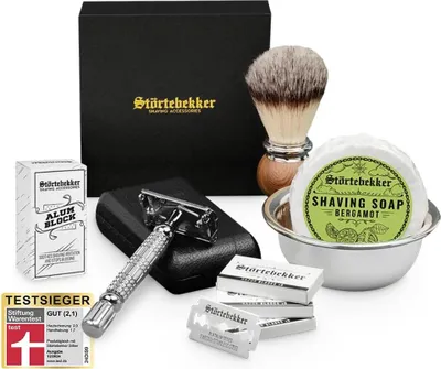 Produktbild von Rasierset - Rasierhobel 'Hamburg' Silber – Lederetui Schwarz - Bergamotte