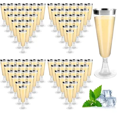 Produktbild von Sektgläser 160ml Plastik BPA-frei Mehrweg Transparent mit Silbernem Rand 100 Stück