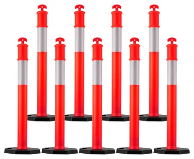 Produktbild von SucceBuy Verkehrsleitpfosten Leitpfosten 9 Stück (114 cm) mit stabilem Sockel und reflektierenden Streifen, Warnpfosten für Baustellen, Parkplätze und Absperrungen zur Steuerung von Menschenmengen, rot