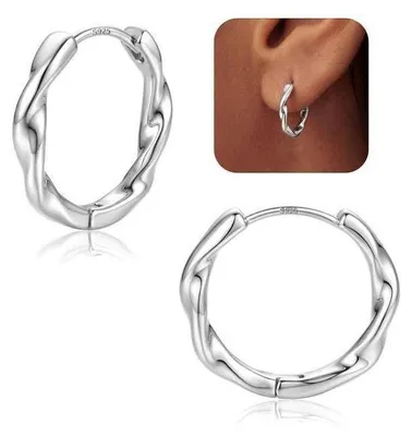 Obrázok produktu pre Strieborné náušnice typu "creoles" (kruhové), model "Twist Huggie", striebro 925, priemer 14 mm, vhodné pre ženy, hypoalergénne